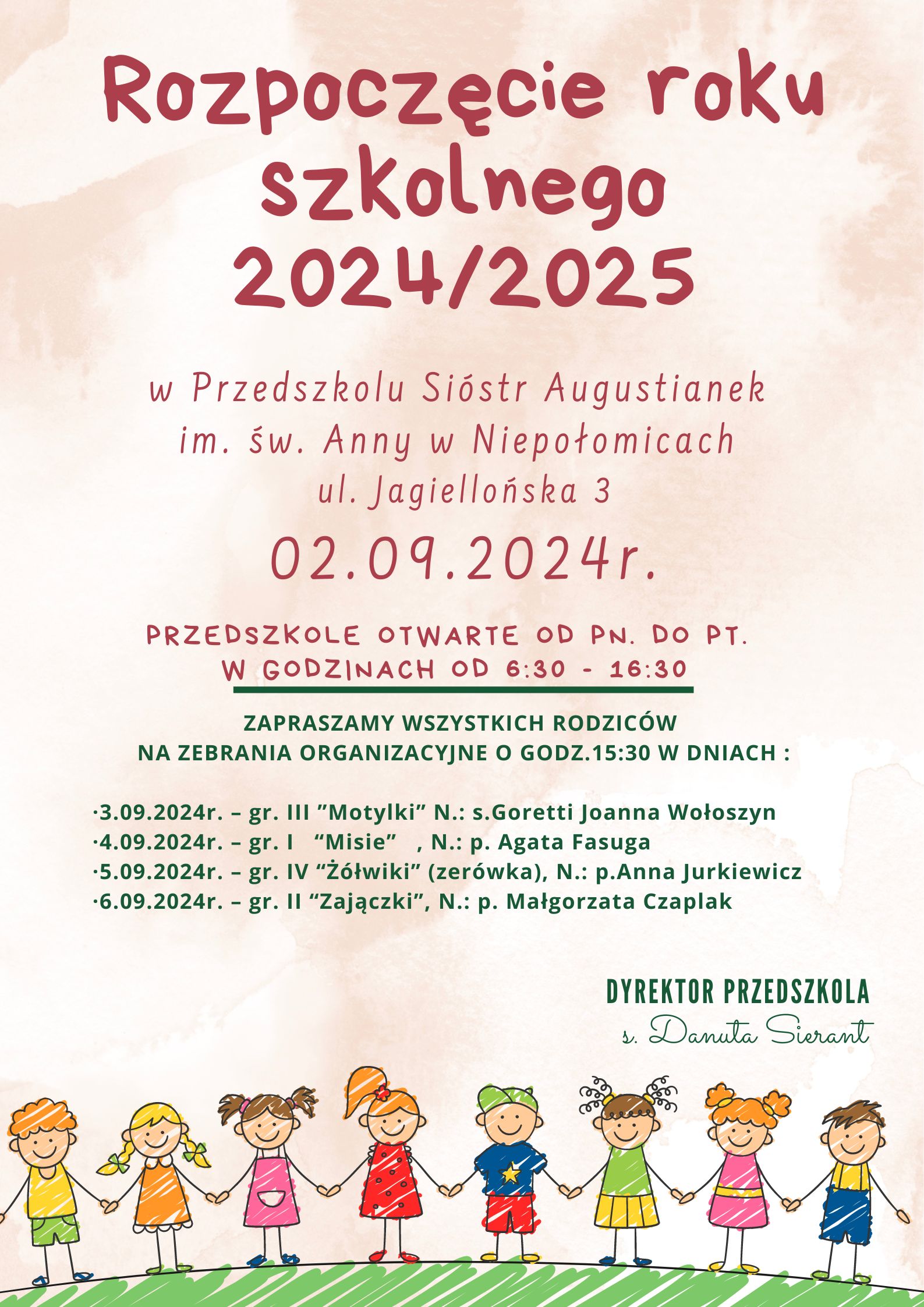 Już 2 września rozpoczynamy nowy rok szkolny ! Zapraszamy wszystkie dzieci. Nie obowiązuje strój galowy. Nie zapomnijcie zabrać ze sobą dobrego humoru, podpisanego bidonu z wodą, ubrań na przebranie, zapinanych pantofli i nakrycia głowy :)